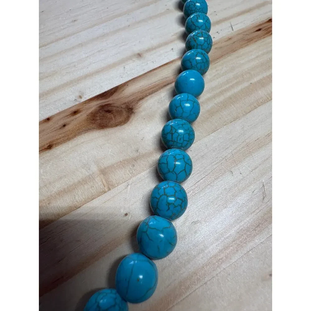 Turquoise Blue Howlite Beaded Necklace Round Stone Beads Boho Southwestern
